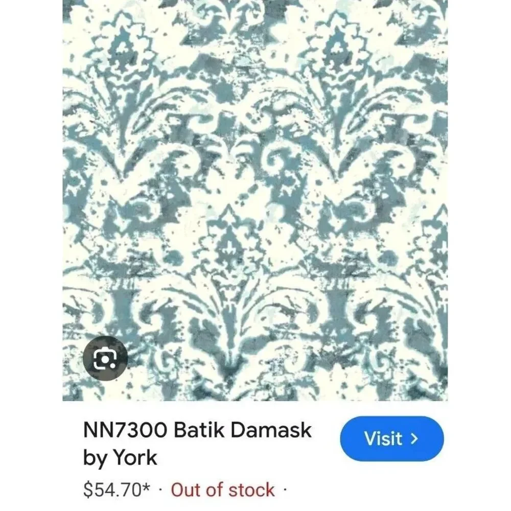 York Wallcoverings NN7300 BATIK DAMASK‎ Wallpaper, Blue & White. One Double Roll